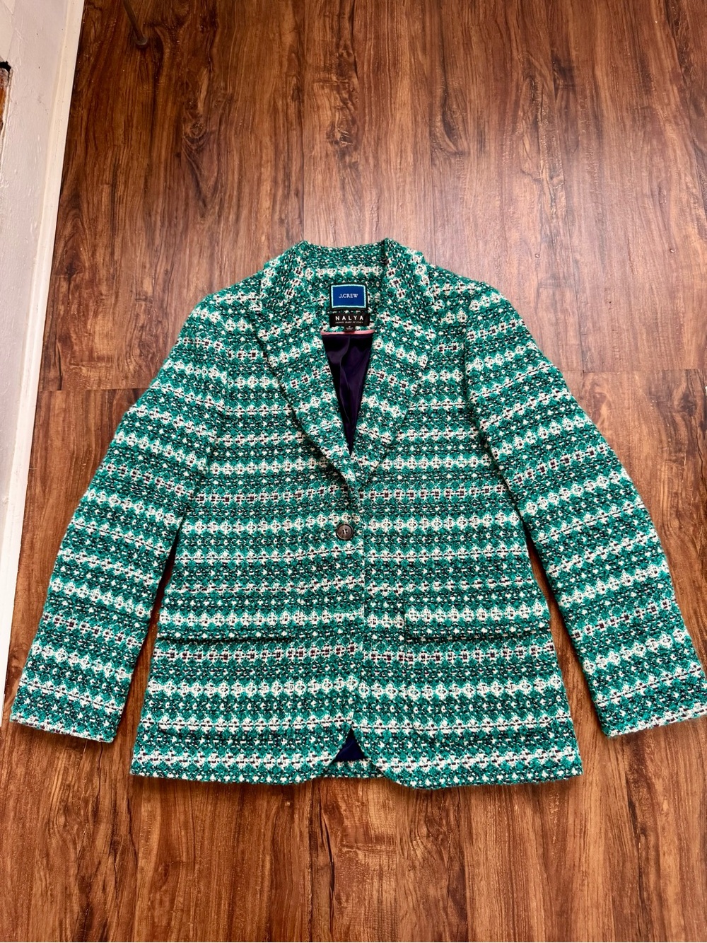 J. Crew Nalya Jade Green Patterned Tweed Blazer, Size 4